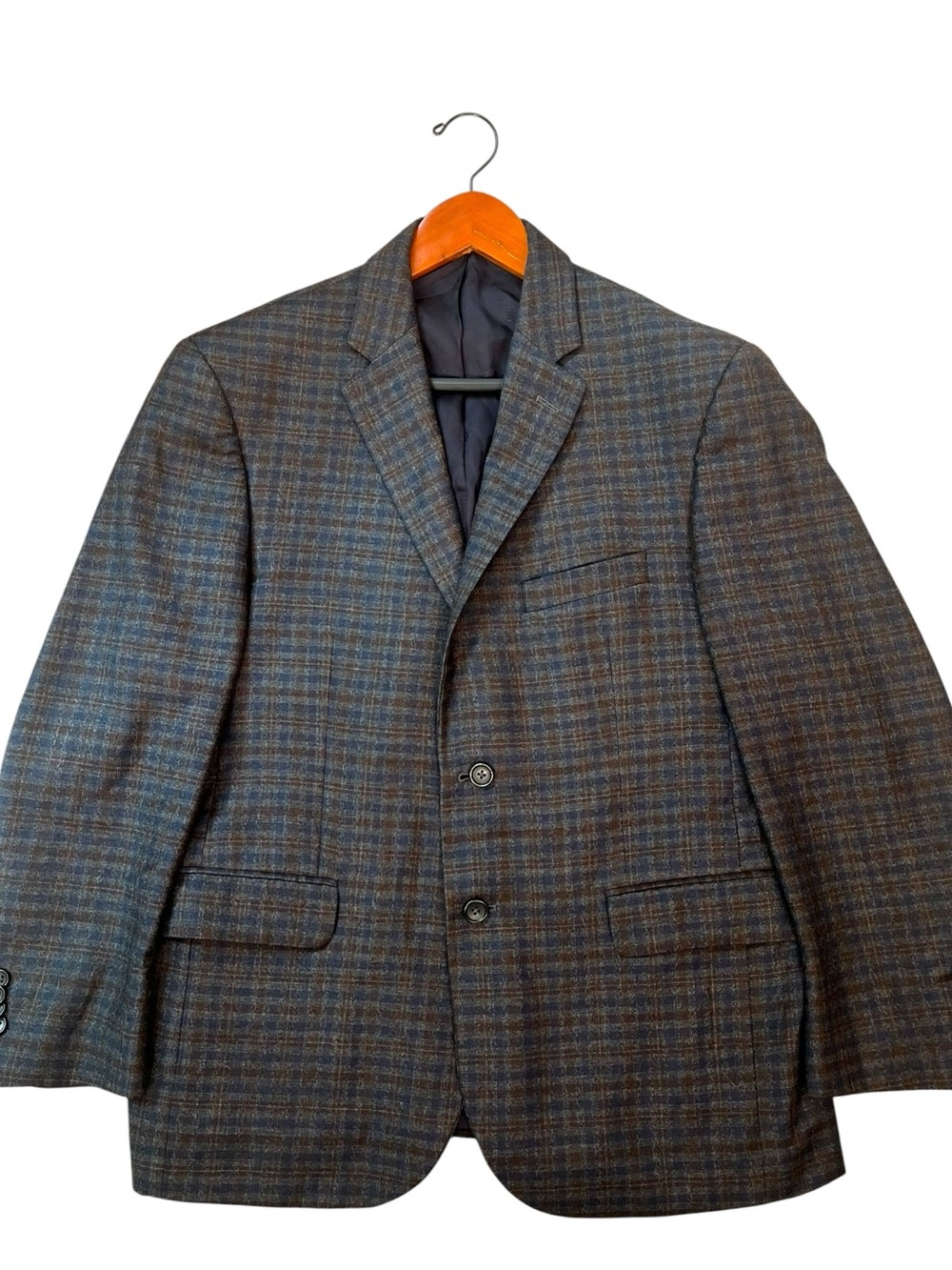Wool & Cashmere Blazer Sport Coat 42S Blue Brown Check Luxury Office Wedding